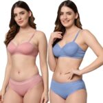 Accessorize Kingdom Women Cotton 2 Piece Bra and Panties Lingerie Set for Honeymoon | Anniversary | Everyday Bra Panty Combo (30, Light Blue + Pink)