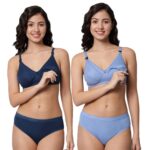 Accessorize Kingdom Women Cotton 2 Piece Maternity Nursing Bra and Panties Lingerie Set | Everyday Maternity Bra for Women Feeding Combo Pack (C, Navy & Light Blue, 40)