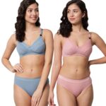 Accessorize Kingdom Women Cotton 2 Piece Maternity Nursing Bra and Panties Lingerie Set | Everyday Maternity Bra for Women Feeding Combo (B, Blue + Pink, 36)