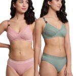 Accessorize Kingdom Women Cotton 2 Piece Maternity Nursing Bra and Panties Lingerie Set | Everyday Maternity Bra for Women Feeding Combo (B, Green + Pink, 34)