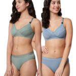 Accessorize Kingdom Women Cotton 2 Piece Maternity Nursing Bra and Panties Lingerie Set | Everyday Maternity Bra for Women Feeding Combo (B, Green + Blue, 38)